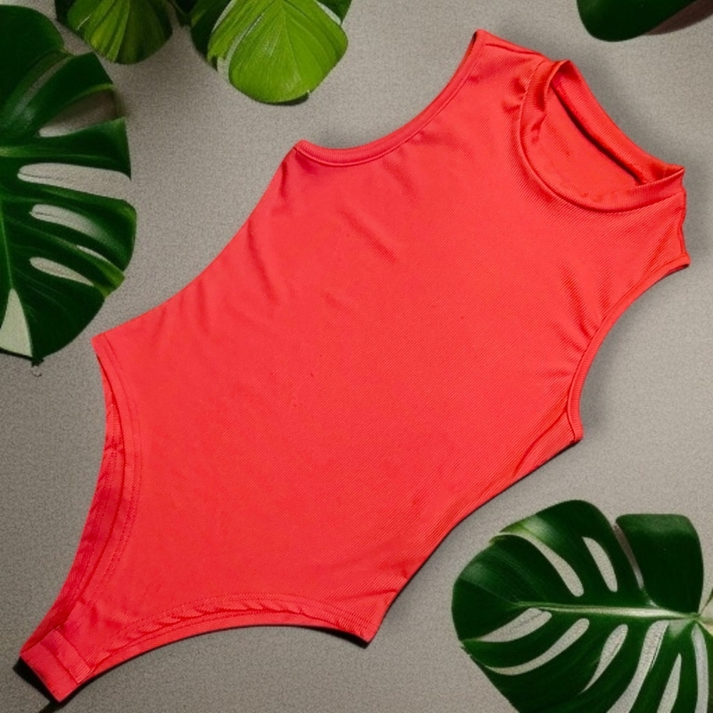 BRIGHT CORAL - Ribbed One-Piece Bodysuit | Small/Medium Fit | Minimalist & Sleek